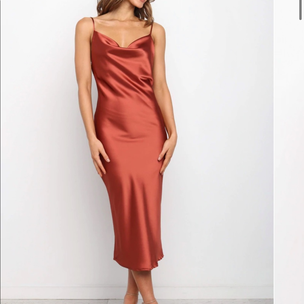 petal & pup cowl neck rust midi dress persia